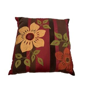 Pier 1 decorative accent pillow. Stitched flowers. Jewel tones brown back 17”
